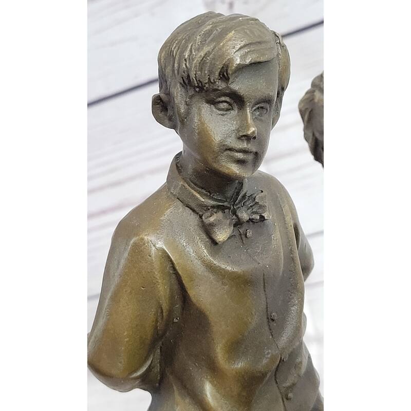First Kiss Love Romance Children Bronze Sculpture Figure On Heart Shaped Marble Base