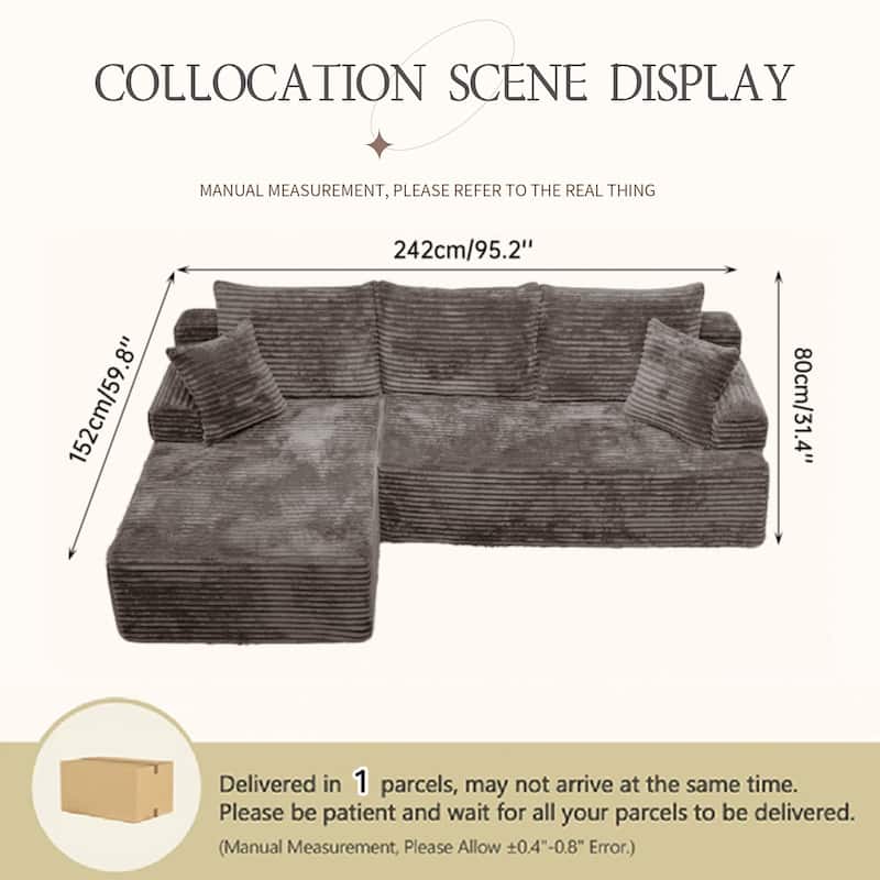 L-Shaped Corner Sectional Sofa Set with Side Chaise Lounge, Soft Foam Cushion Modular Sofa Corduroy Leisure Couch