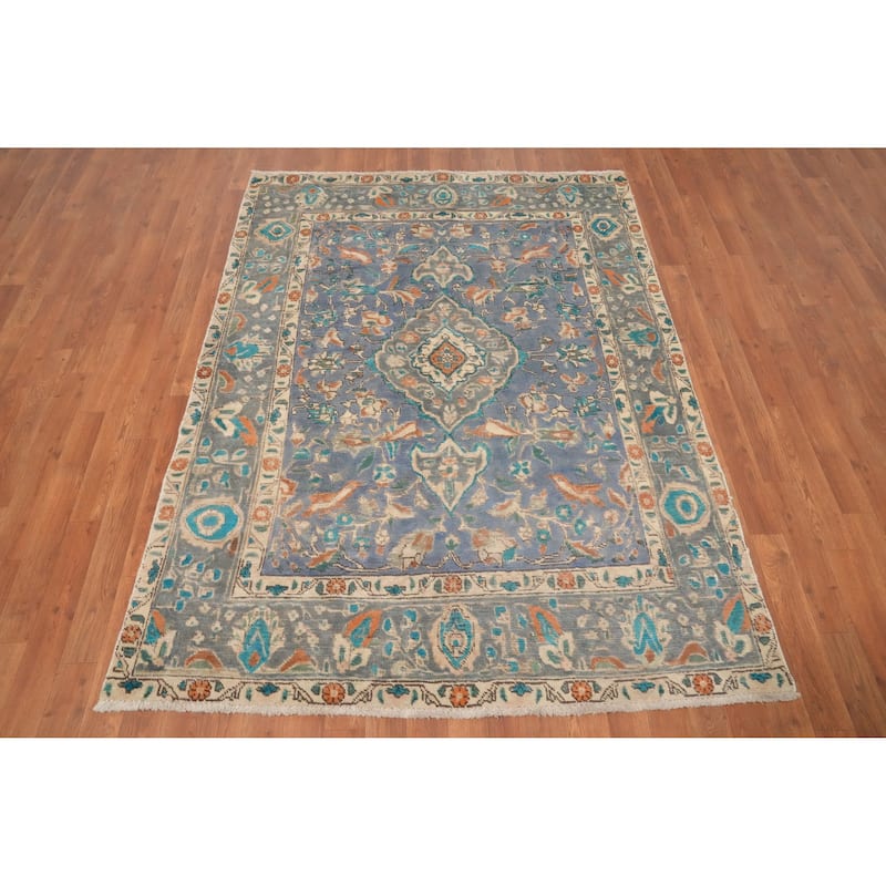 Hand Knotted Oriental 100% Wool Carpet Traditional Floral Navy Blue & Blues Tabriz Area Rug - 6' 4'' X 4' 8''