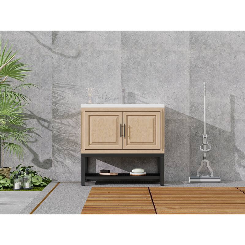 Roomfitters 36 Inch Bathroom Vanity with White Ceramic Sink and Faucet, Freestanding Cabinet with 2 Doors, Natural