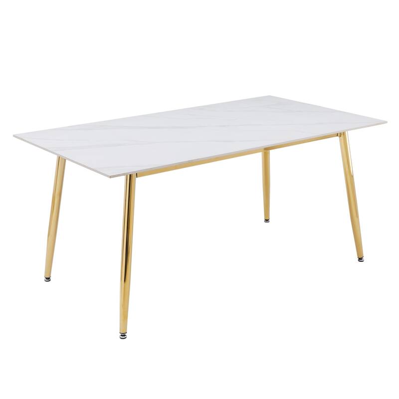 Zayle Modern Mid-Century Glass or Sintered Stone Rectangular Tabletop Dining Table with Powder-Coated Gold Steel Base - 71" Wide - White