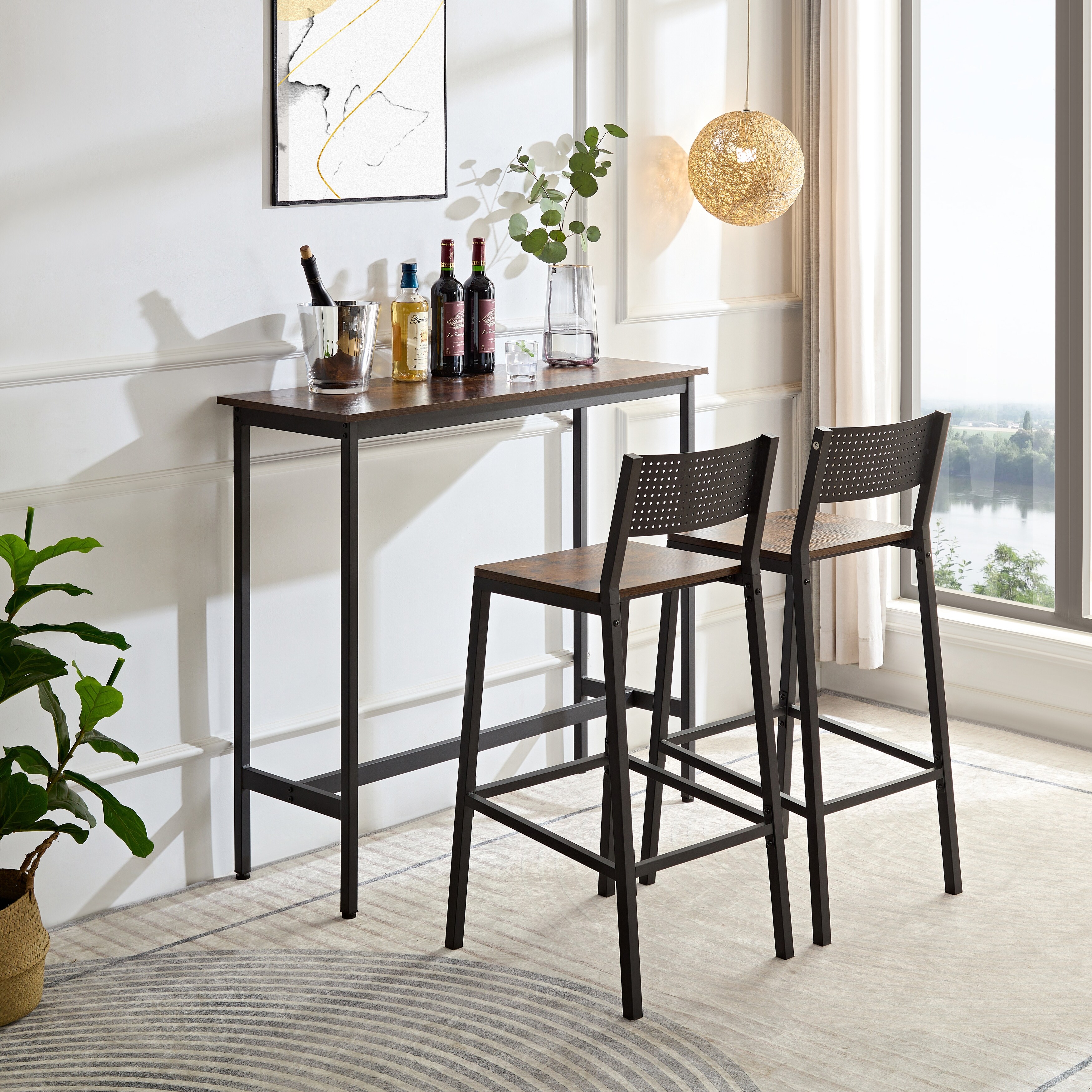 3pcs Bar Stool and Bar Table Set with Backrest, Iron Wood