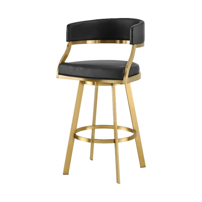 Black Faux Leather Bar Height Chair with Gold Frame, Swivel and Armrests - 20.5” x 21” x 42” (D x W x H)