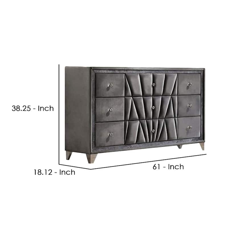 9 Drawer Fabric Frame Dresser with Tufted Accents and Acrylic Knob, Gray
