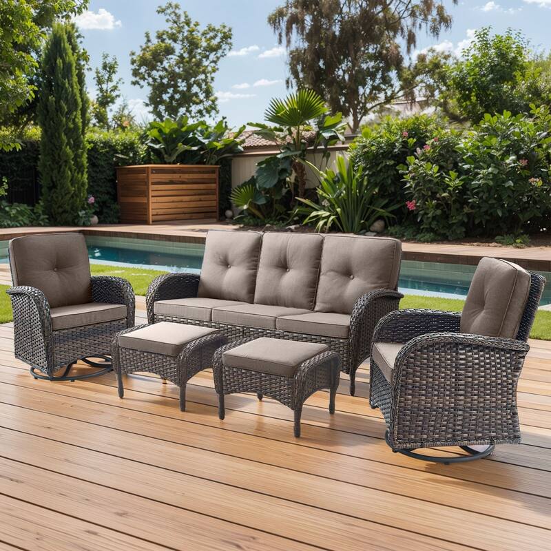 Gymojoy 5-Piece Outdoor Wicker Patio Furniture with 3 Seat Sofa & Swivel Chair, Coversation Set with Water Resistant Cushions - Brown Wicker / Grey Cusion - 5-Piece