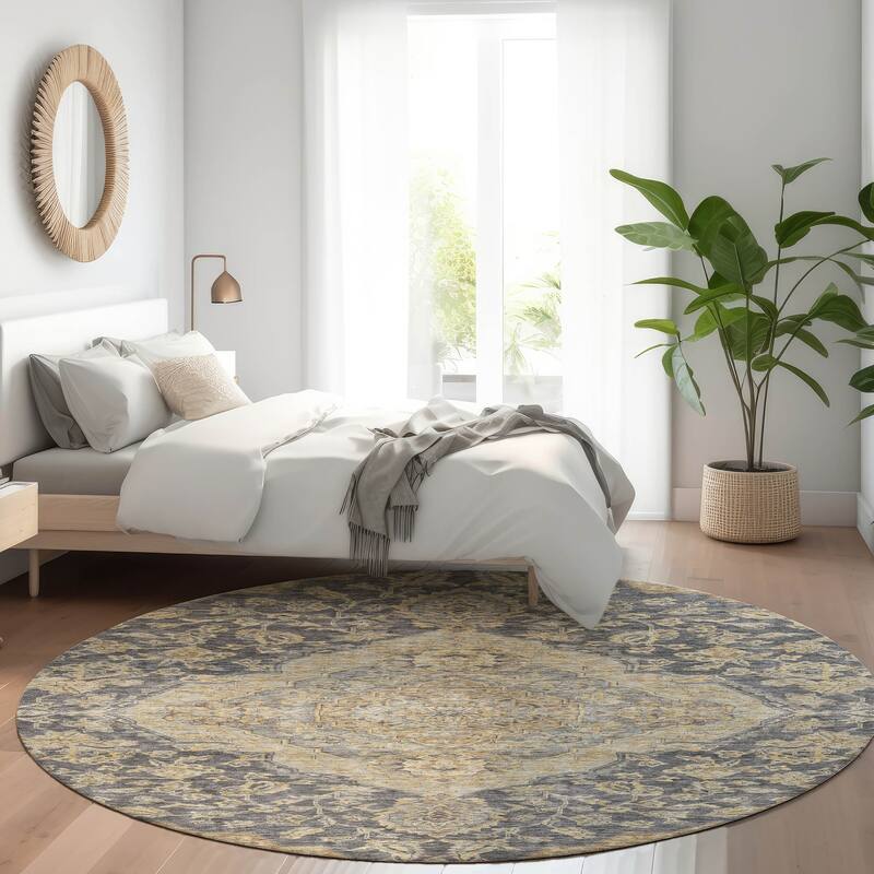 Machine Washable Indoor/ Outdoor Traditional Medallion Chantille Rug - Charcoal - 8' x 8'