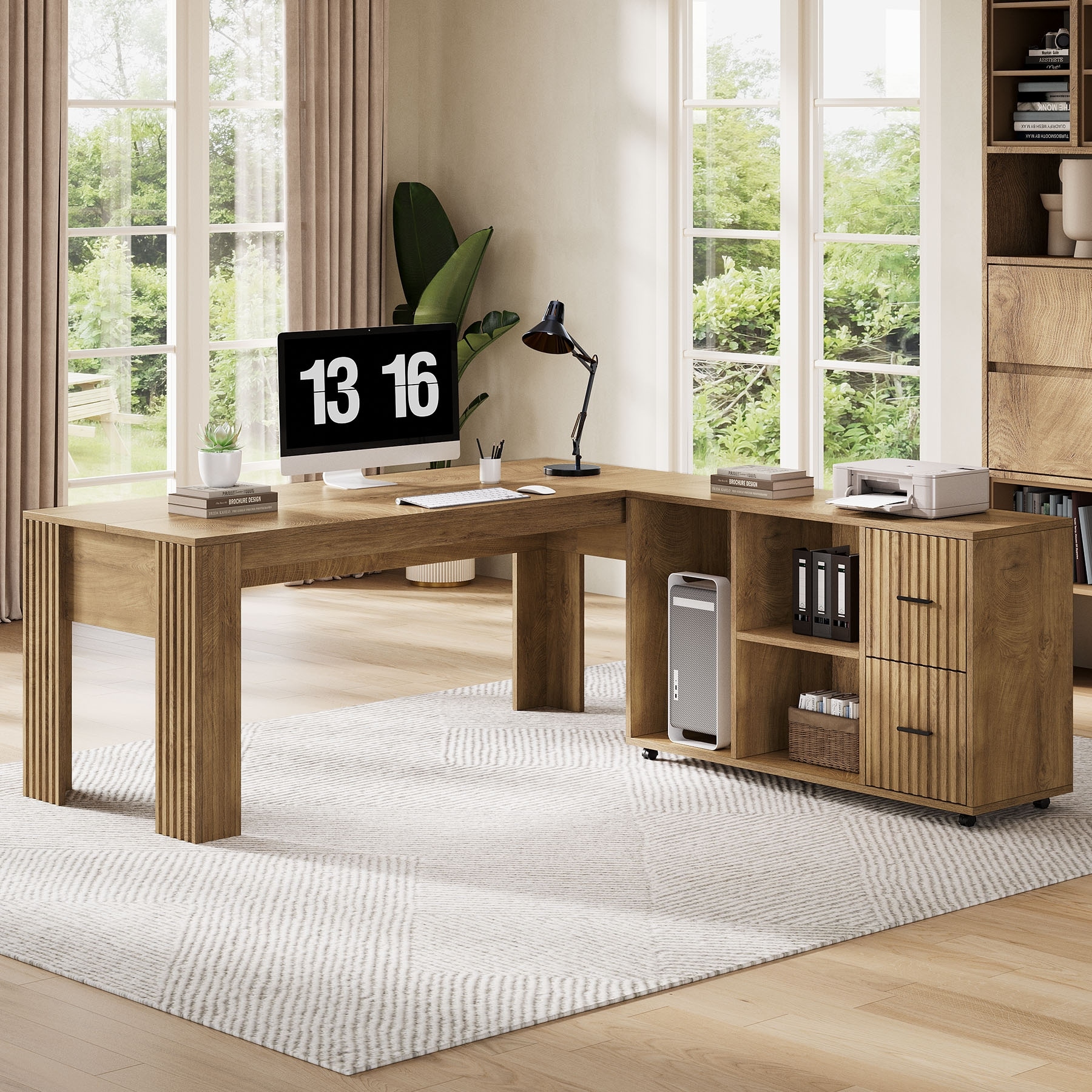 63" L Shaped Desk with Mobile File Cabinet, Executive Office Desk