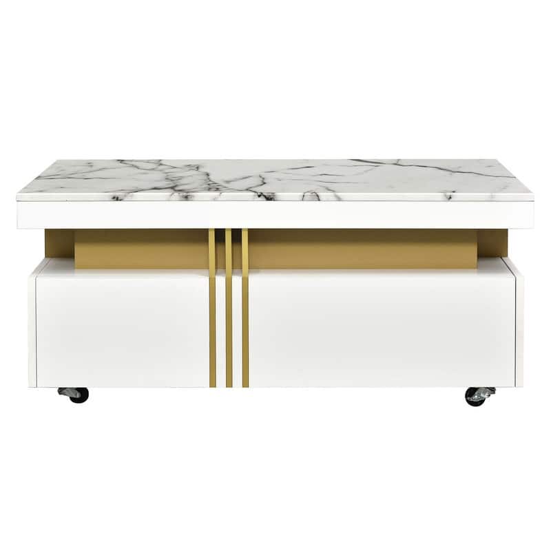 Modern/Luxury Wood Coffee Table For Living Room,Cocktail Table with Storage Drawers,Faux Marble Top