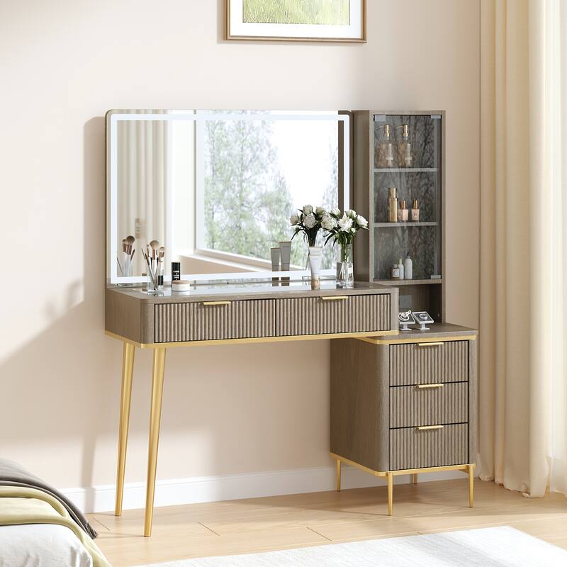 Modern Fluted Makeup Vanity Desk with Lighted Mirror, Dressing Table - Alder Grey
