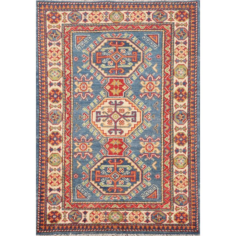 Blue Geometric Kazak Foyer Rug Handmade Bedroom Wool Carpet - 2'7" x 4'1"