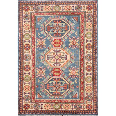 Blue Geometric Kazak Foyer Rug Handmade Bedroom Wool Carpet - 2'7" x 4'1"