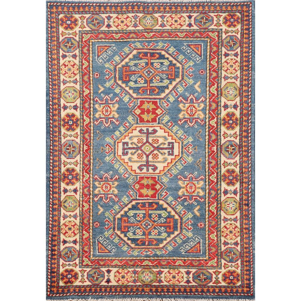 Blue Geometric Kazak Foyer Rug Handmade Bedroom Wool Carpet - 2'7" x 4'1"