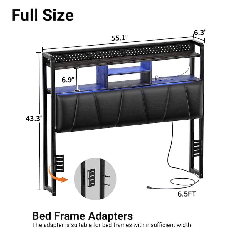 Upholstered Headboard with Pegboard and Charging Station, Storage Headboard Shelves and LED Light