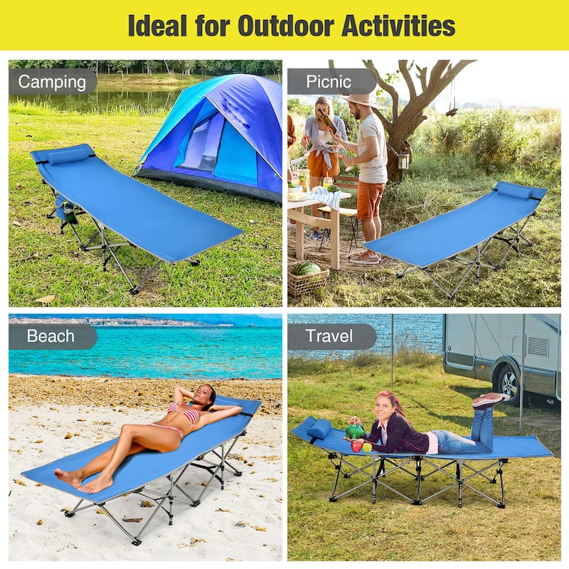 Folding Camping Cot Heavy-Duty Outdoor Cot Bed w/ Side Storage Pocket - 74'' x 26'' x 15.7''