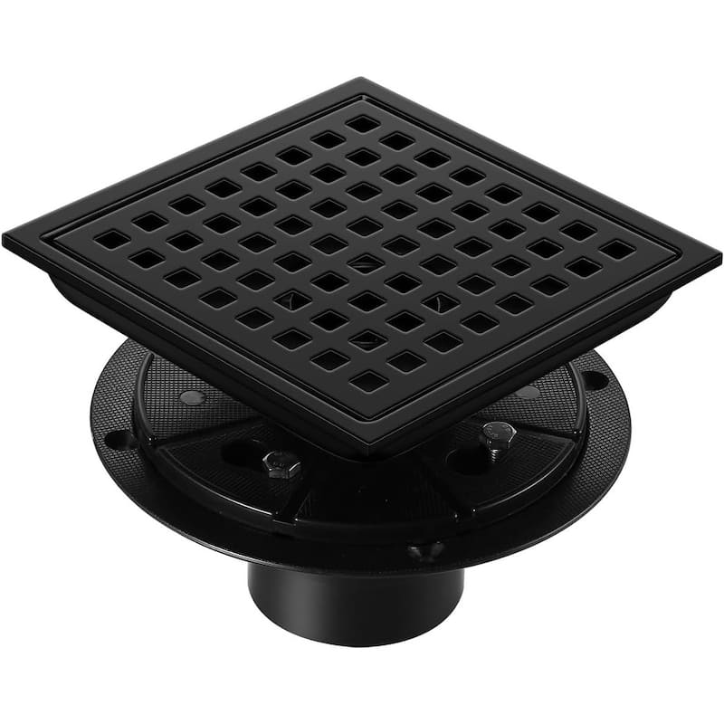 PROOX 6 inch Square Shower Floor Drain with Flange Removeable Grid Panel - 6 in. - Matte Black