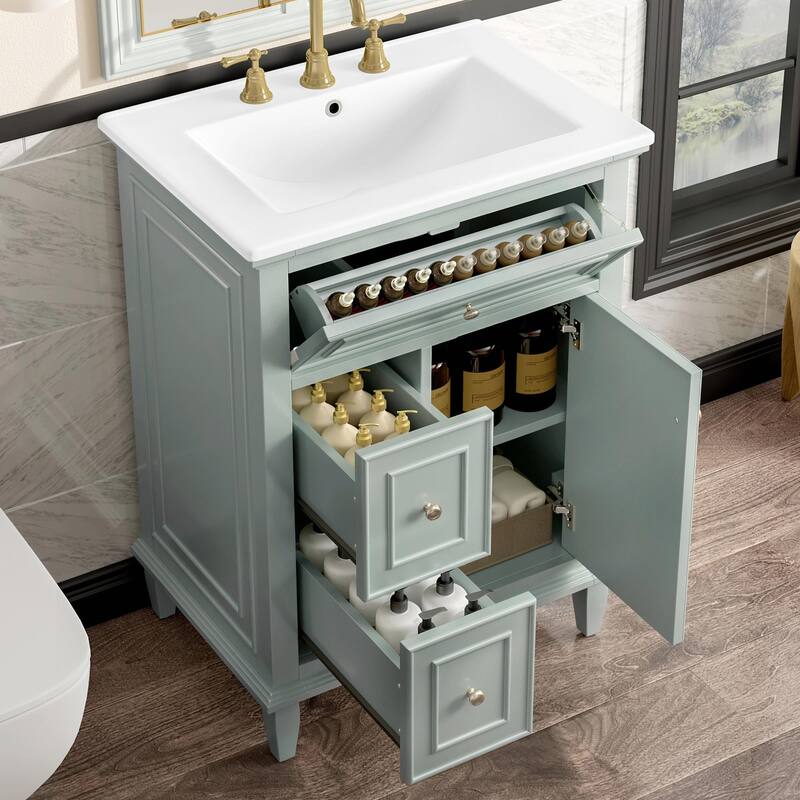 24" Bathroom Vanity with Sink, Bathroom Vanity Cabinet with One Flip Drawer and Two Drawers, Adjustable Shelf