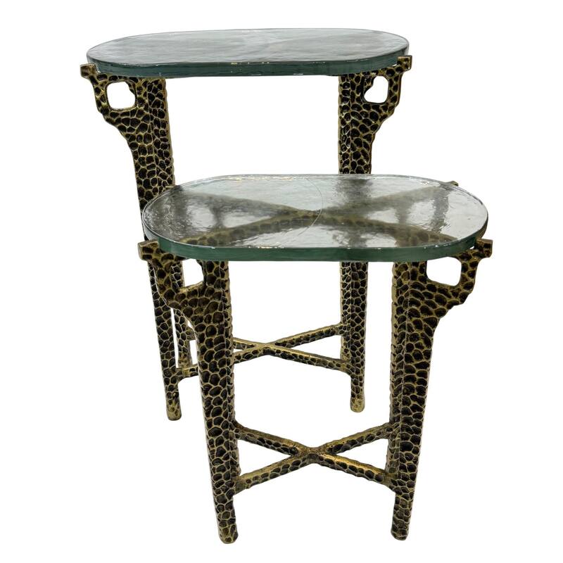 Ignis Nesting Table, 26" Recycled Glass & Hammered Brass Aluminum Set - Eco Friendly Accent Furniture for Living Room