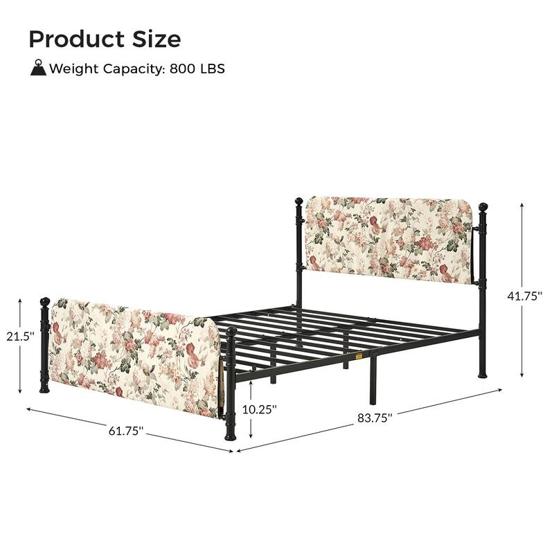 Diana Transitional 62" Floral Upholstered Platform Metal Bed Frame with Washable Slipcover by HULALA HOME