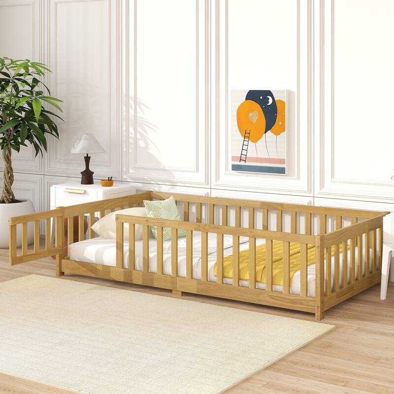 Twin Size Floor Bed with Fence and Door, Safety Guardrails