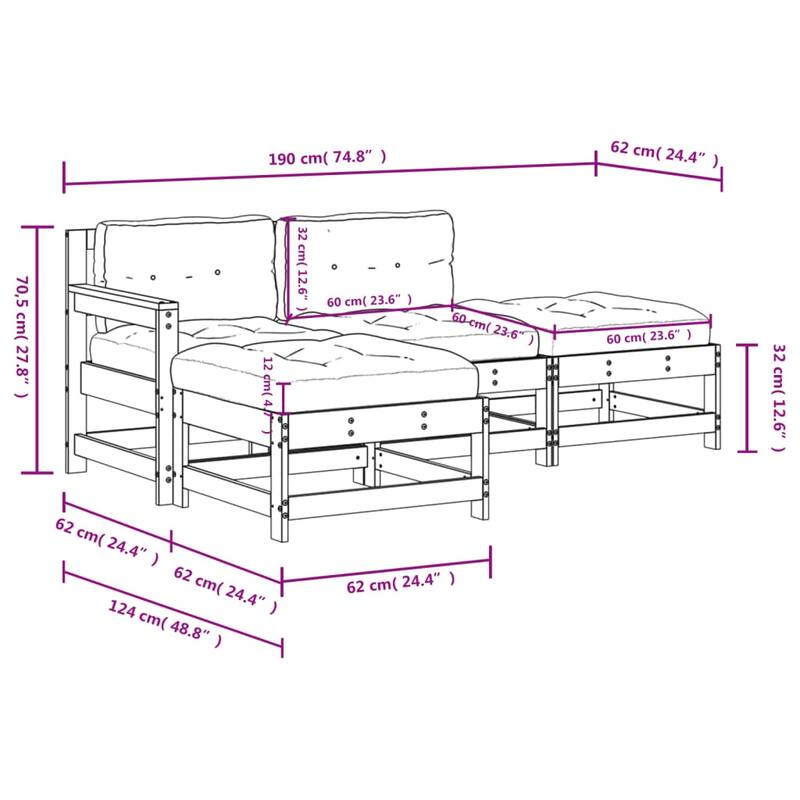 vidaXL Patio Lounge Set with Cushions Outdoor Furniture 4 Piece Solid Wood - 24.4x27.8x24.4