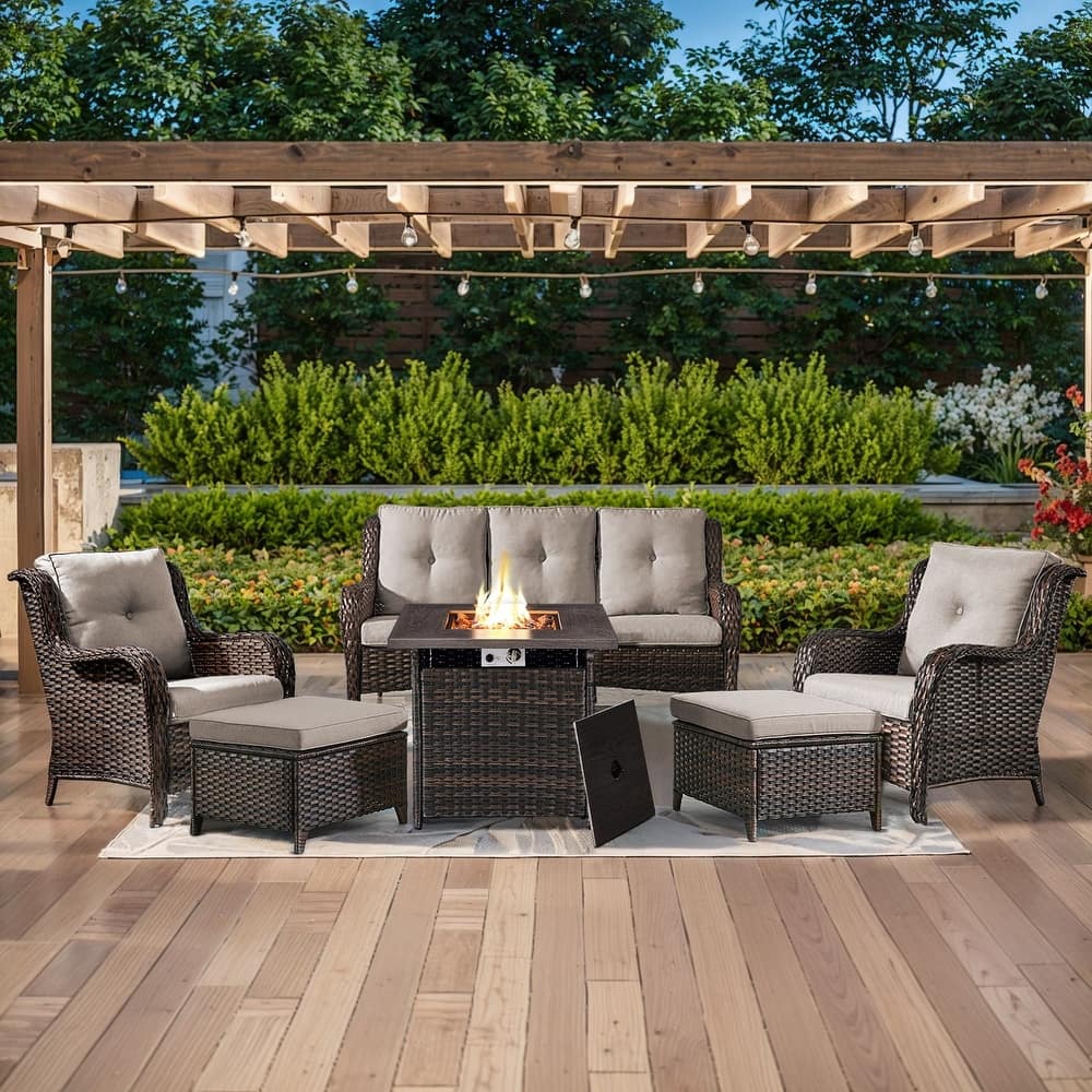 Gymojoy 6-Piece Outdoor Wicker Patio Furniture with Fire Pit Table, Rattan Coversation Set with Water Resistant Thick Cushions