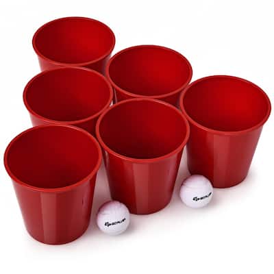 Outdoor Yard Pong Game Set with 12 Red Buckets and 2 Balls Portable Backyard Party Game - 7.5" x 7" (H)