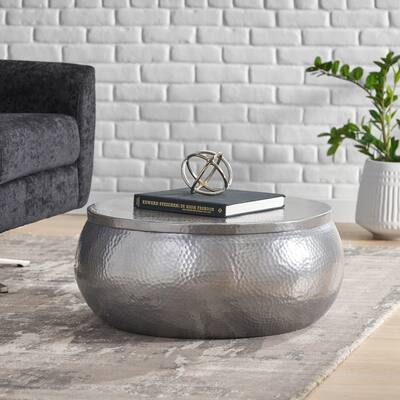 Aluminum Drum Coffee Table, Modern Handcrafted Design, Hammered Rust-resistant Metal, for Living Room,Office,and Dining Room