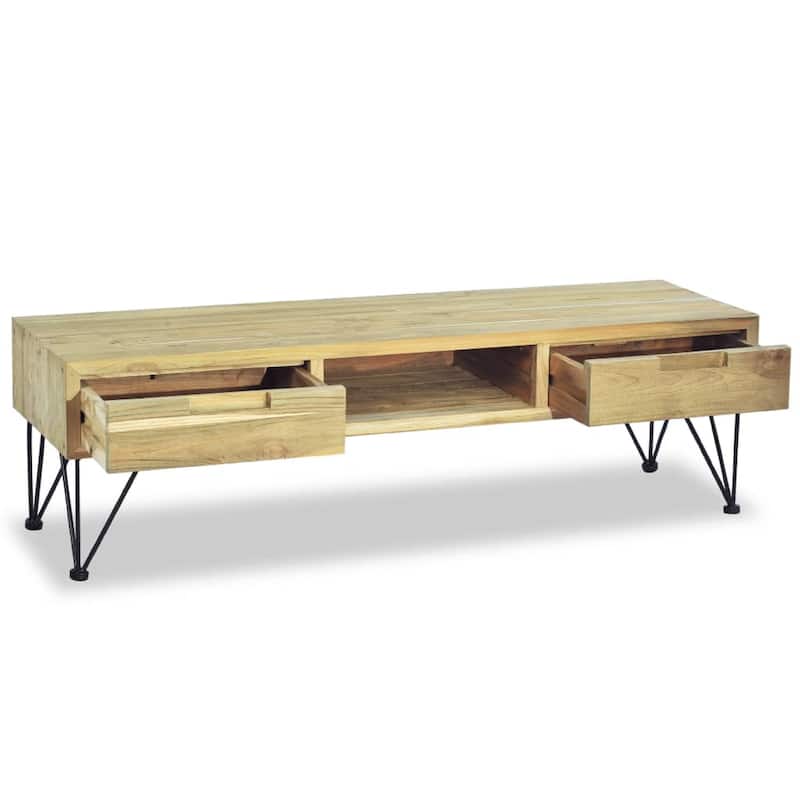 TV Stand Media Cabinet, Natural Teak Wood and Wrought Iron, 47 Inch