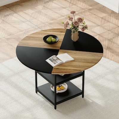 Roomfitters 47 Inch Round Dining Table with Double-Layer Storage and Diagonal Wood Black Top for Modern Spaces, Black+Wood