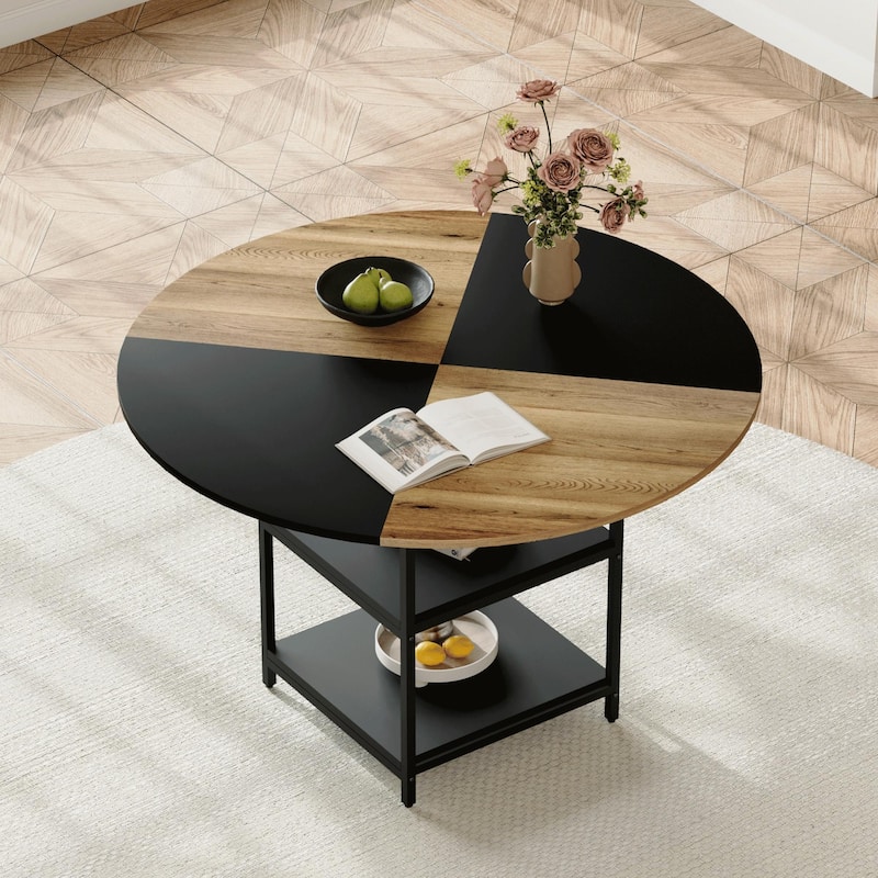 Round Coffee Table, 47 Inch Living Room Coffee Table with Metal Frame, 3 Tier Wooden Center Table with Storage Shelves - Black,Wood