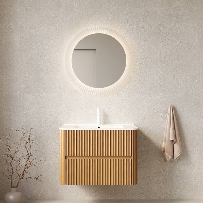 Floating Stripe Bathroom Vanity with Ceramic Sink - 30 - Natural Wood