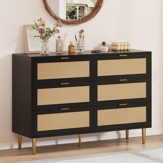 Natural Rattan 6 Drawer Dresser for Bedroom, Chest of Drawers with Gold ...