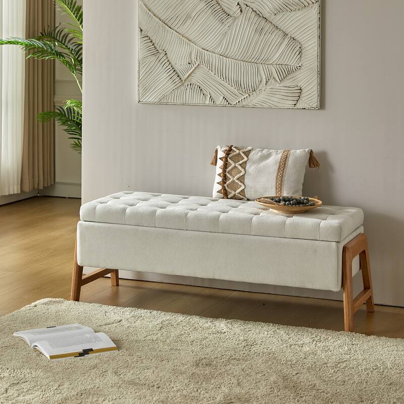 Rita Mid-century Modern Upholstered Storage Bench with Tufted Seat and Solid Wood Leg by HULALA HOME