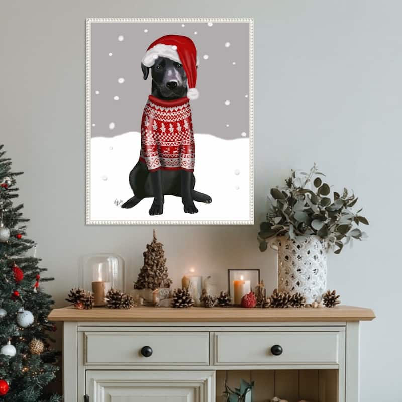 Black Labrador Christmas Sweater 1 by Fab Funky (23 x 28 in.), Framed Canvas Wall Art Print - Sylvie Beaded White