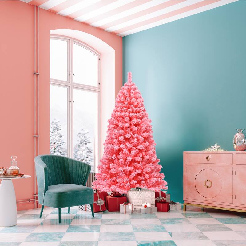 Gymax 4.5/6.5/7.5 FT Artificial Snow Flocked Pink Christmas Tree Unlit - See details