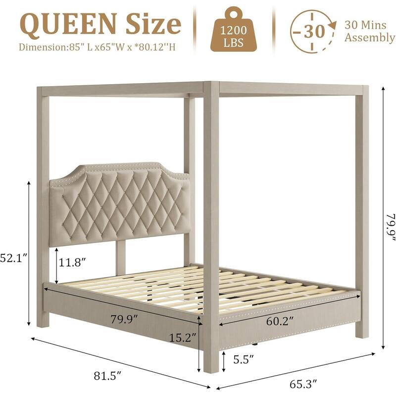 Canopy Platform Bed with Tufted Upholstered Headboard, Four-Poster Frame & Slide Rail, No Box Spring Needed