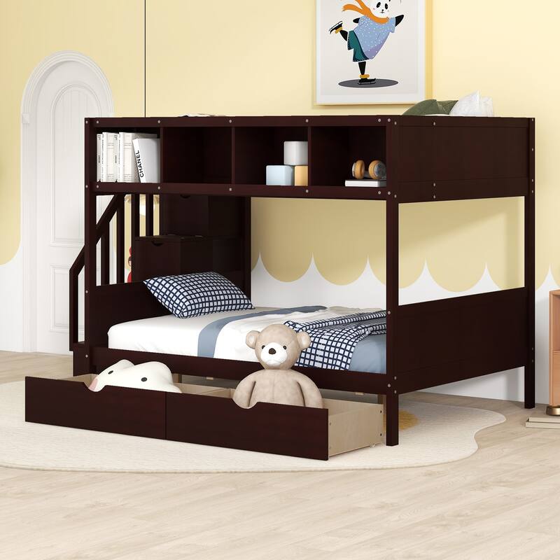 Twin Over Full Bunk Bed with Shelves, Storage Stairs, and Drawers, Espresso Finish - Espresso