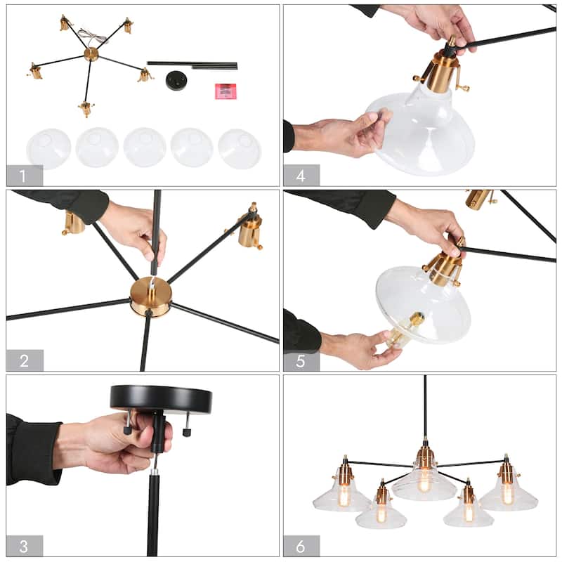 Branley Modern Farmhouse 5-Light Wheel Glass Dining Room Chandelier - 33.5"W x 33.5"D x 12" - 71.5"H