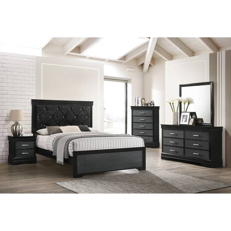 Modern Glam 1pc Black Solid Wood Nightstand w/ 2 Drawers & Crystal-Like Button Tufting for Bedroom