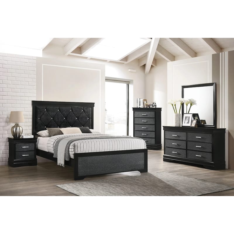 Two Drawers Nightstand Black Finish Solid Wood Crystal-Like Button Tufted