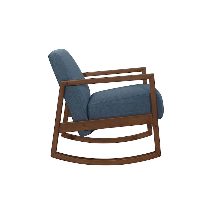 Clovi 32 Inch Rocker Accent Chair, Blue Fabric, Foam Cushions, Brown Wood