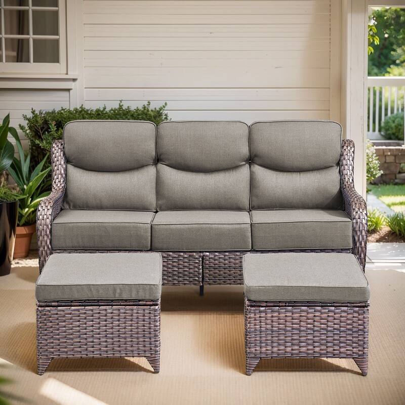 Arcadia 3-Seat Wicker Patio Sofa with 6-Inch Thick Cushions and 2 Ottomans