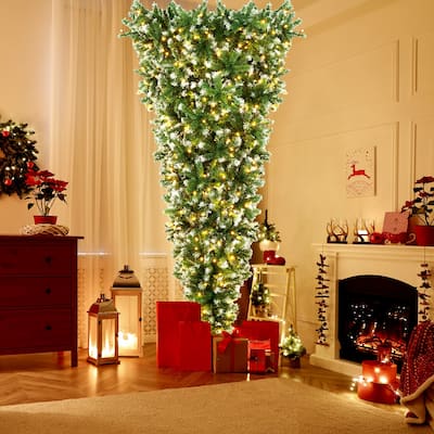 Gymax 7.5FT Pre-Lit Snowy Inverted Christmas Tree Artificial Tree w/