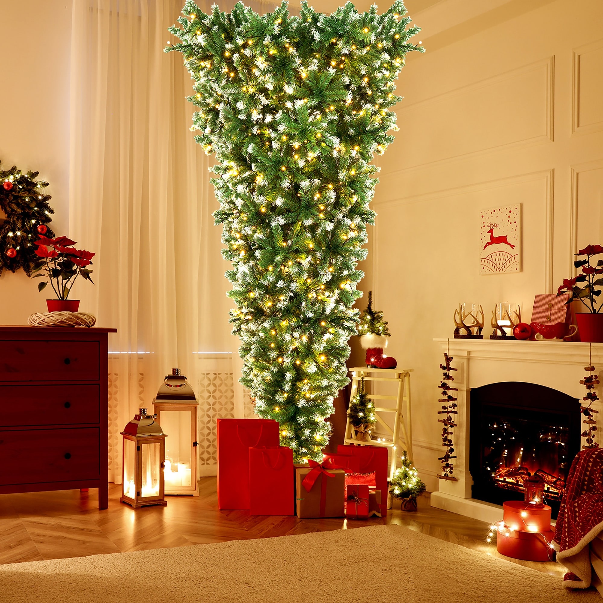 Gymax 7.5FT Pre-Lit Snowy Inverted Christmas Tree Artificial Tree w/