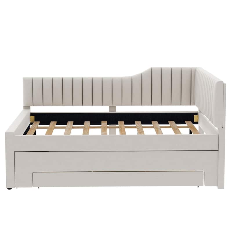 Twin Size Upholstered Daybed with Trundle and 3 Storage Drawers, Linen Blend Fabric