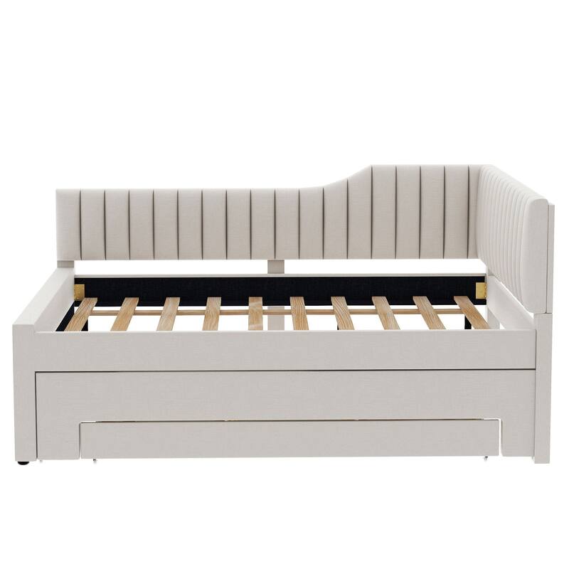 Upholstered Linen Bed Frame, Full Size Daybed with Pull-out Trundle and Storage Three Drawers for Bedroom/Apartment