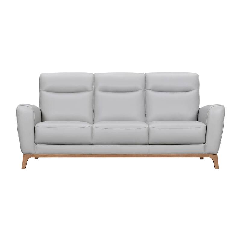 Reysa Sofa, Soft Dove Gray Leather Cushions, Brown Wood, 83 Inch
