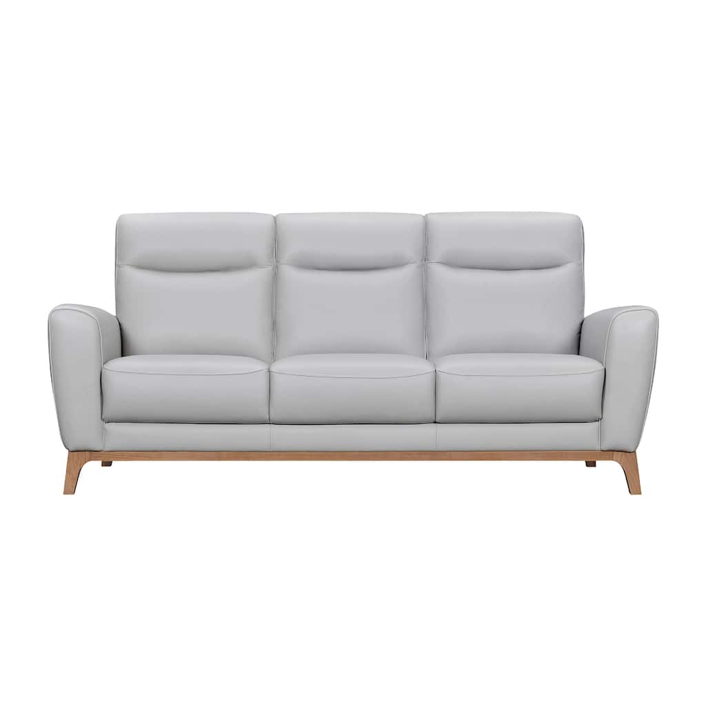 Reysa Sofa, Soft Dove Gray Leather Cushions, Brown Wood, 83 Inch