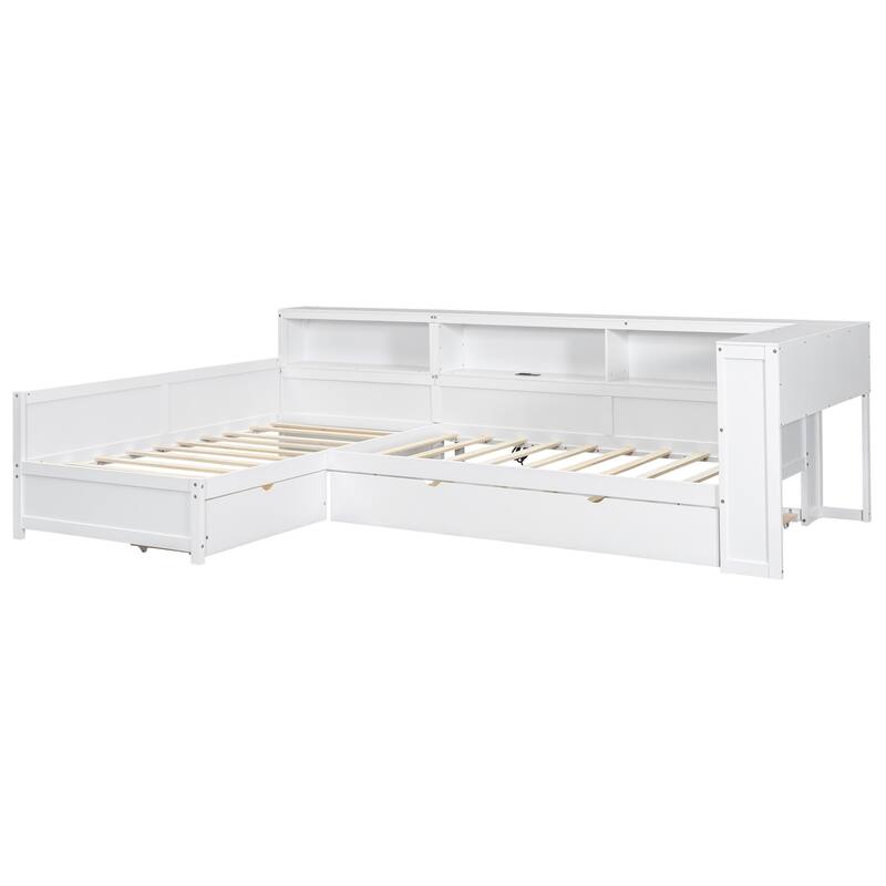 Twin Size L-shaped Platform Bed with Trundle, Drawer, and Charging Station, White