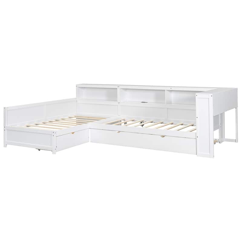 Wood Twin Size L-shaped Platform Bed with Trundle, Charging Station and Storage Shelves